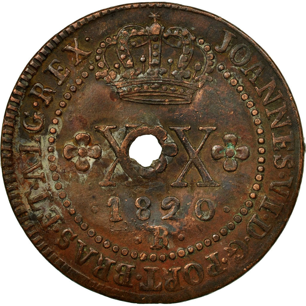 Coin, Brazil, 20 Reis, 1820, Rio de Janeiro, VG(8-10), Copper, KM:316.1