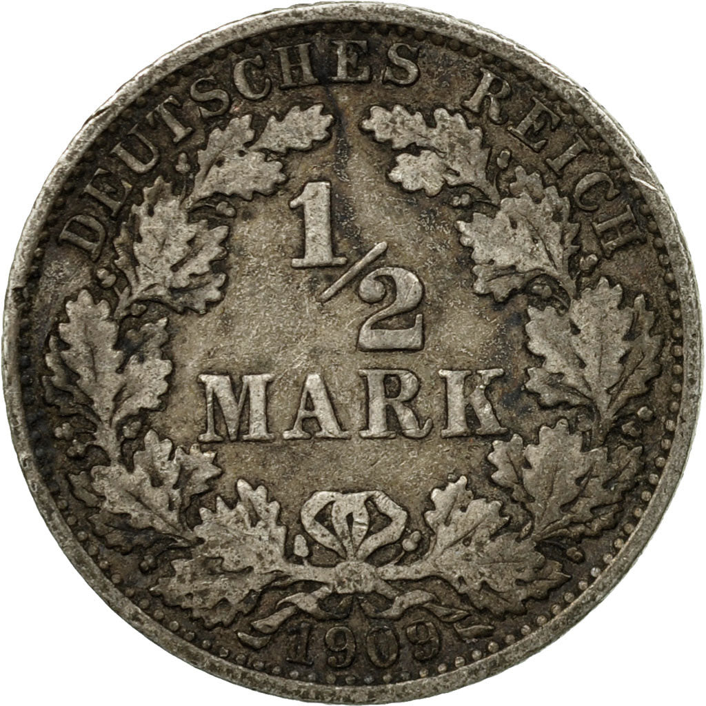 Coin, GERMANY - EMPIRE, 1/2 Mark, 1909, Berlin, EF(40-45), Silver, KM:17
