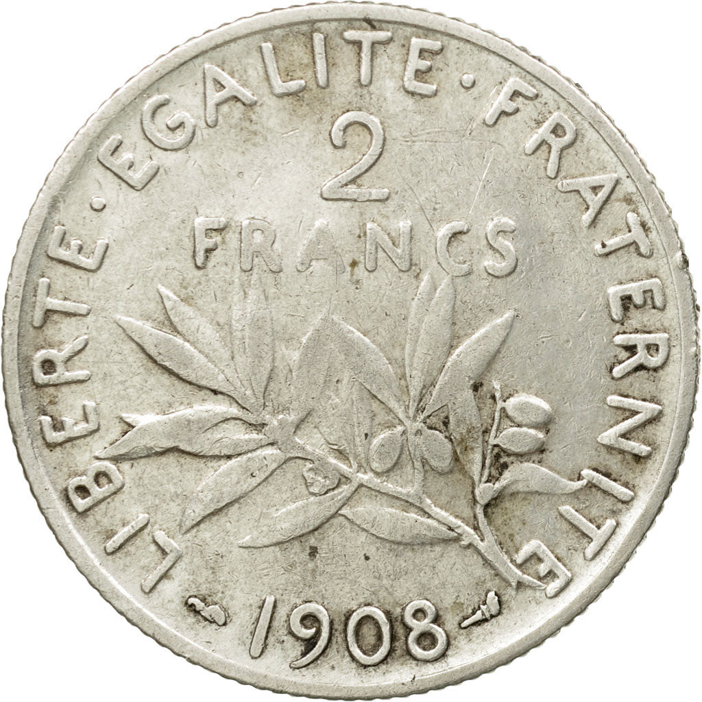 Coin, France, Semeuse, 2 Francs, 1908, Paris, VF(30-35), Silver, KM:845.1, Le