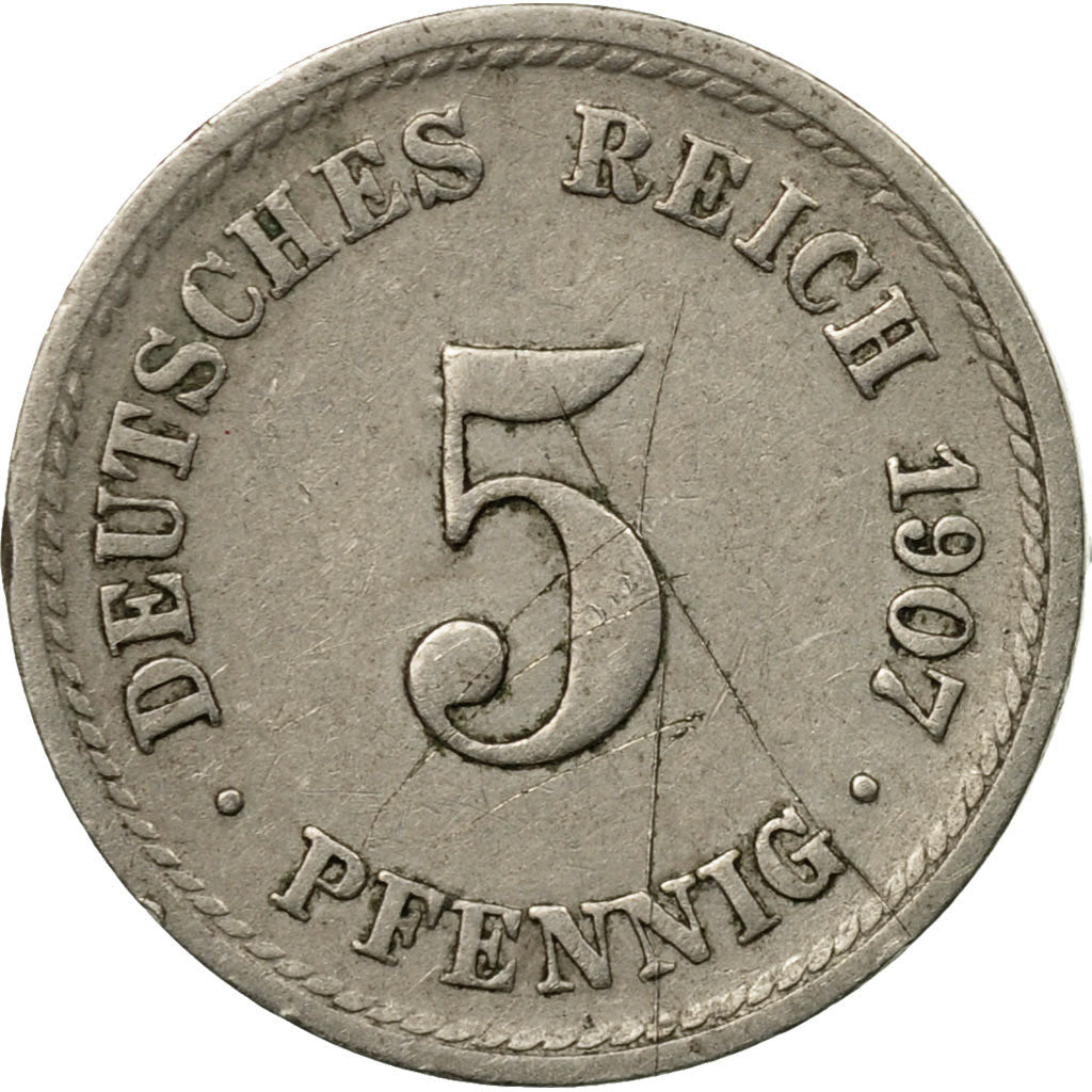 Moneda, ALEMANIA - IMPERIO, Wilhelm II, 5 Pfennig, 1907, Stuttgart, MBC, Cobre -