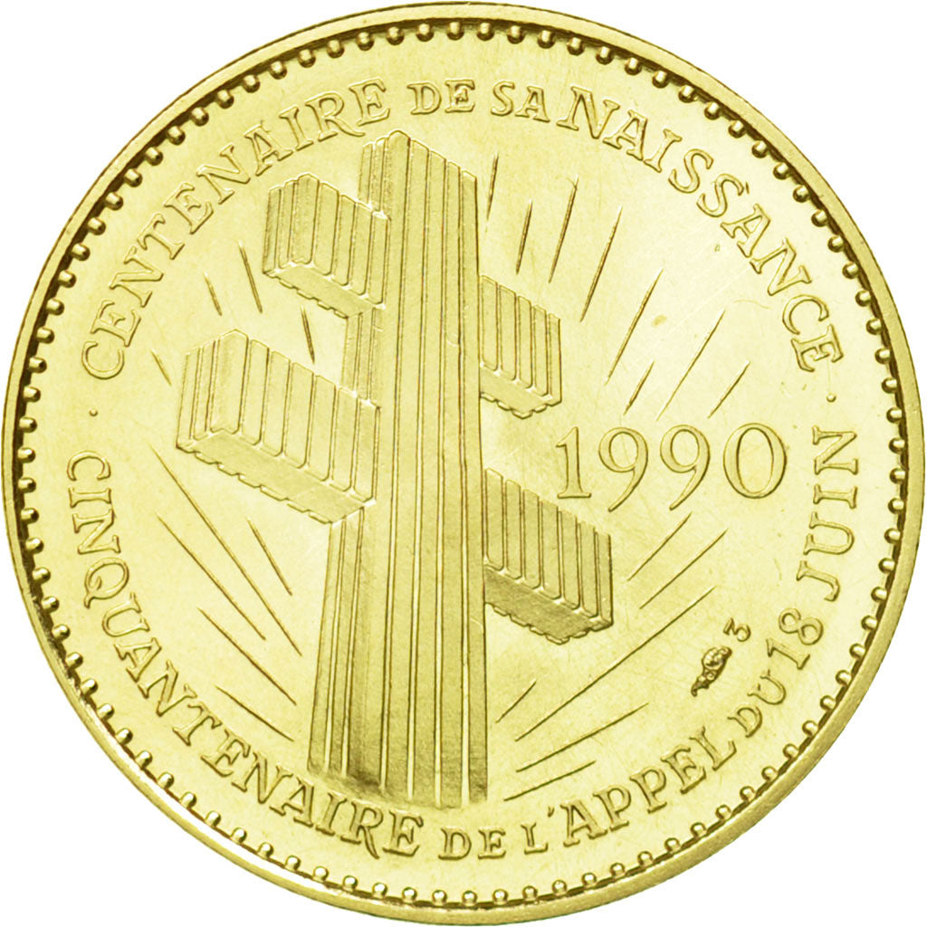 France, Medal, Général De Gaulle, 1990, MS(65-70), Gold