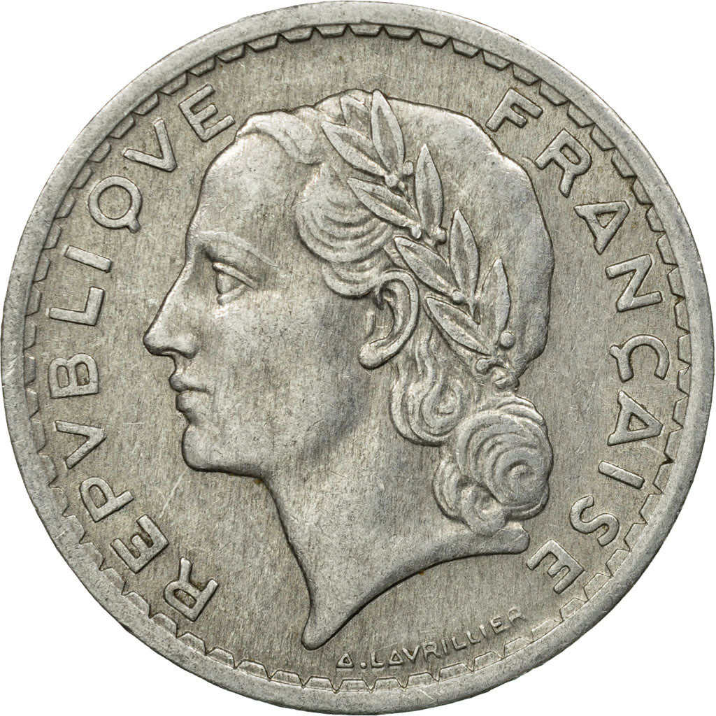 Moneda, Francia, Lavrillier, 5 Francs, 1945, Paris, BC+, Aluminio, KM:888b.1