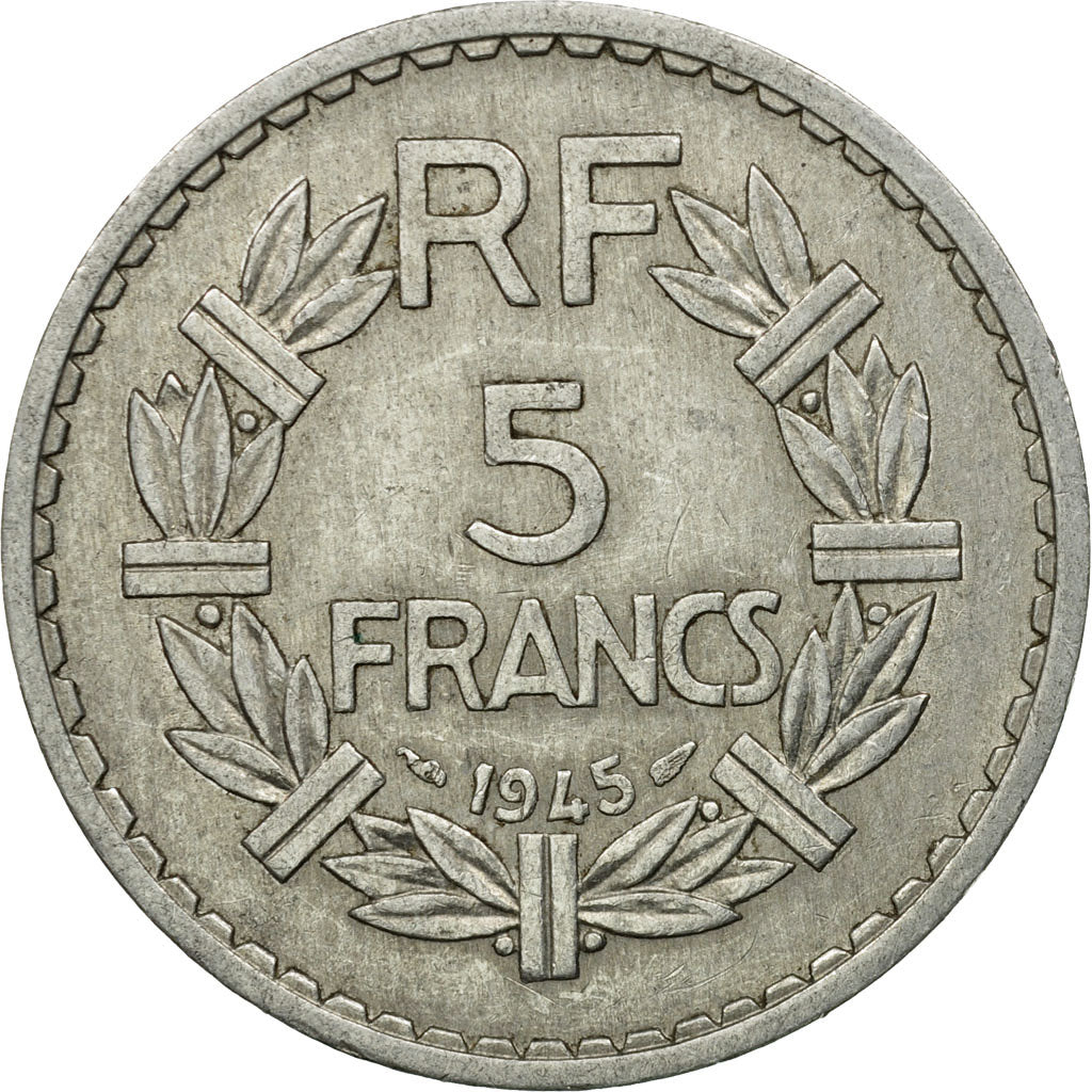 Moneda, Francia, Lavrillier, 5 Francs, 1945, Paris, BC+, Aluminio, KM:888b.1