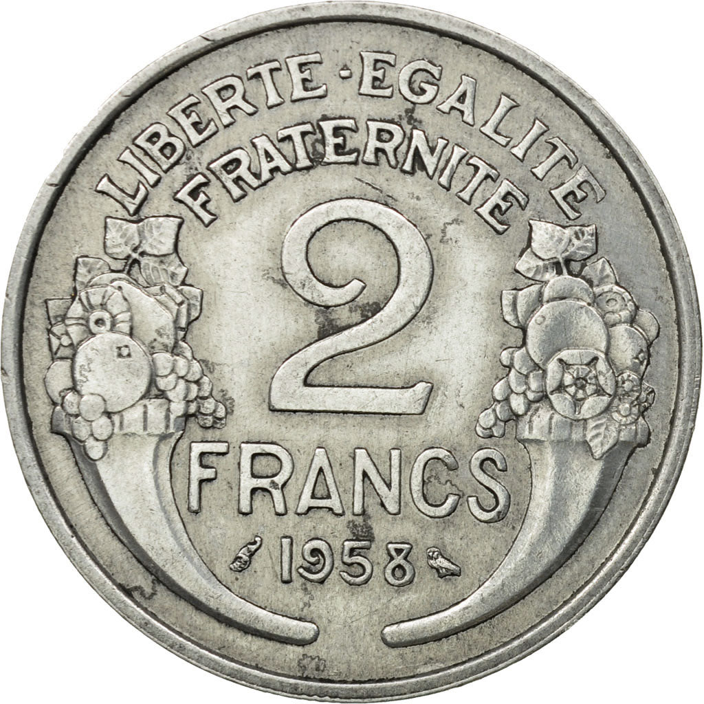 Moneda, Francia, Morlon, 2 Francs, 1958, Paris, MBC, Aluminio, KM:886a.1
