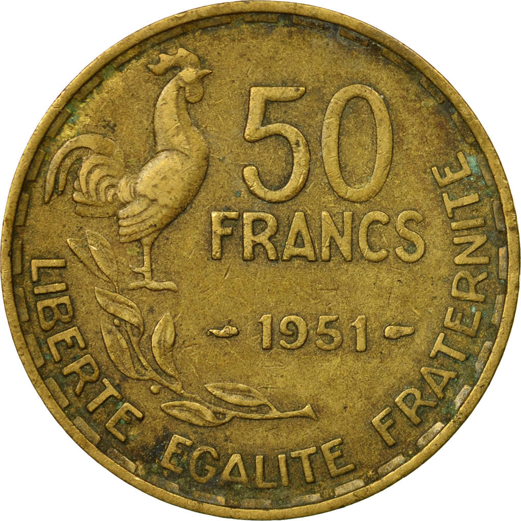 Moneda, Francia, Guiraud, 50 Francs, 1951, Paris, BC+, Aluminio - bronce