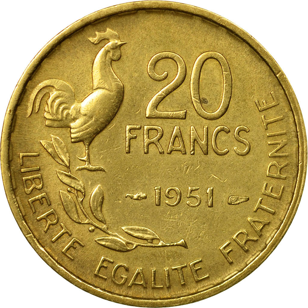 Moneda, Francia, Guiraud, 20 Francs, 1951, Paris, MBC, Aluminio - bronce