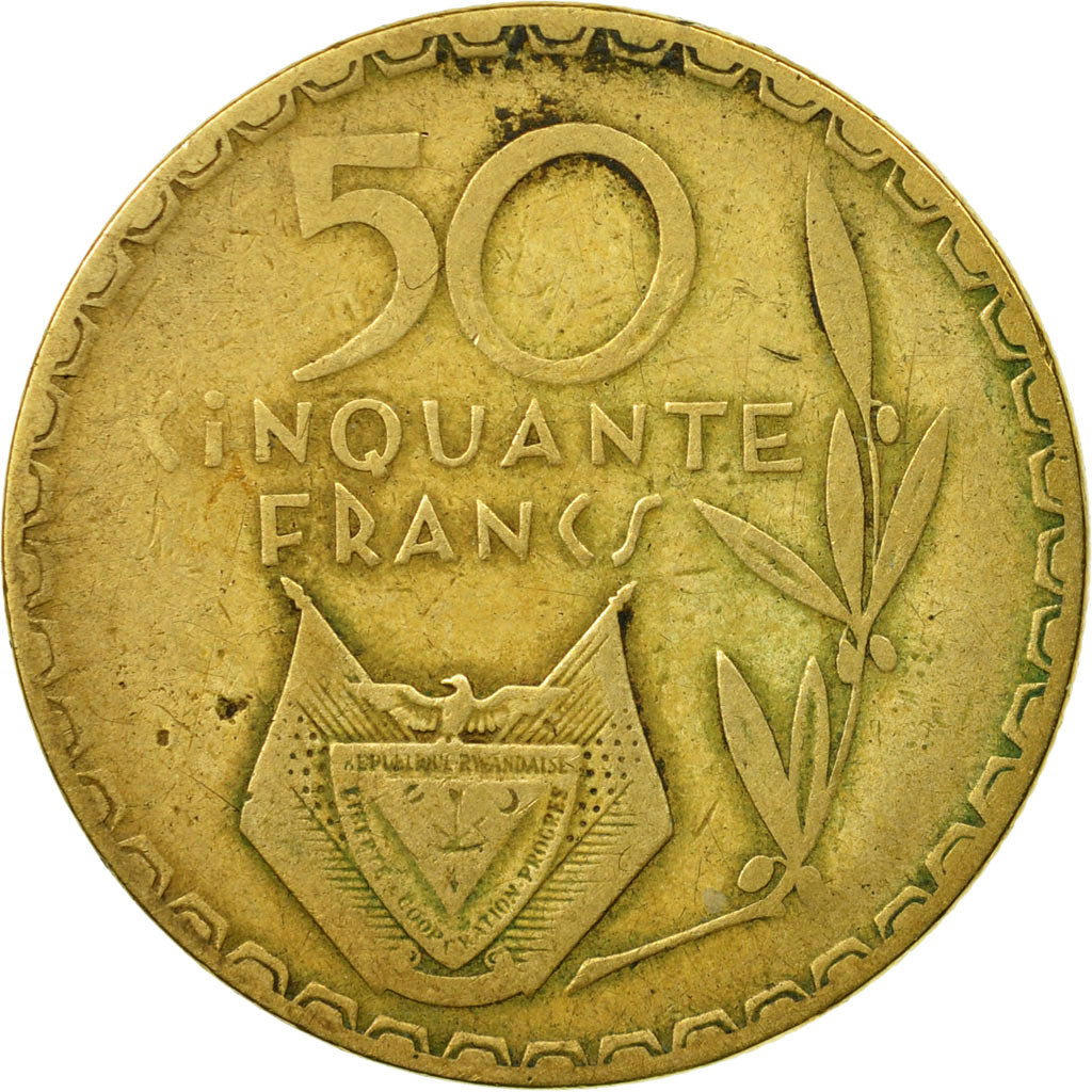 Coin, Rwanda, 50 Francs, 1977, Paris, VF(20-25), Brass, KM:16