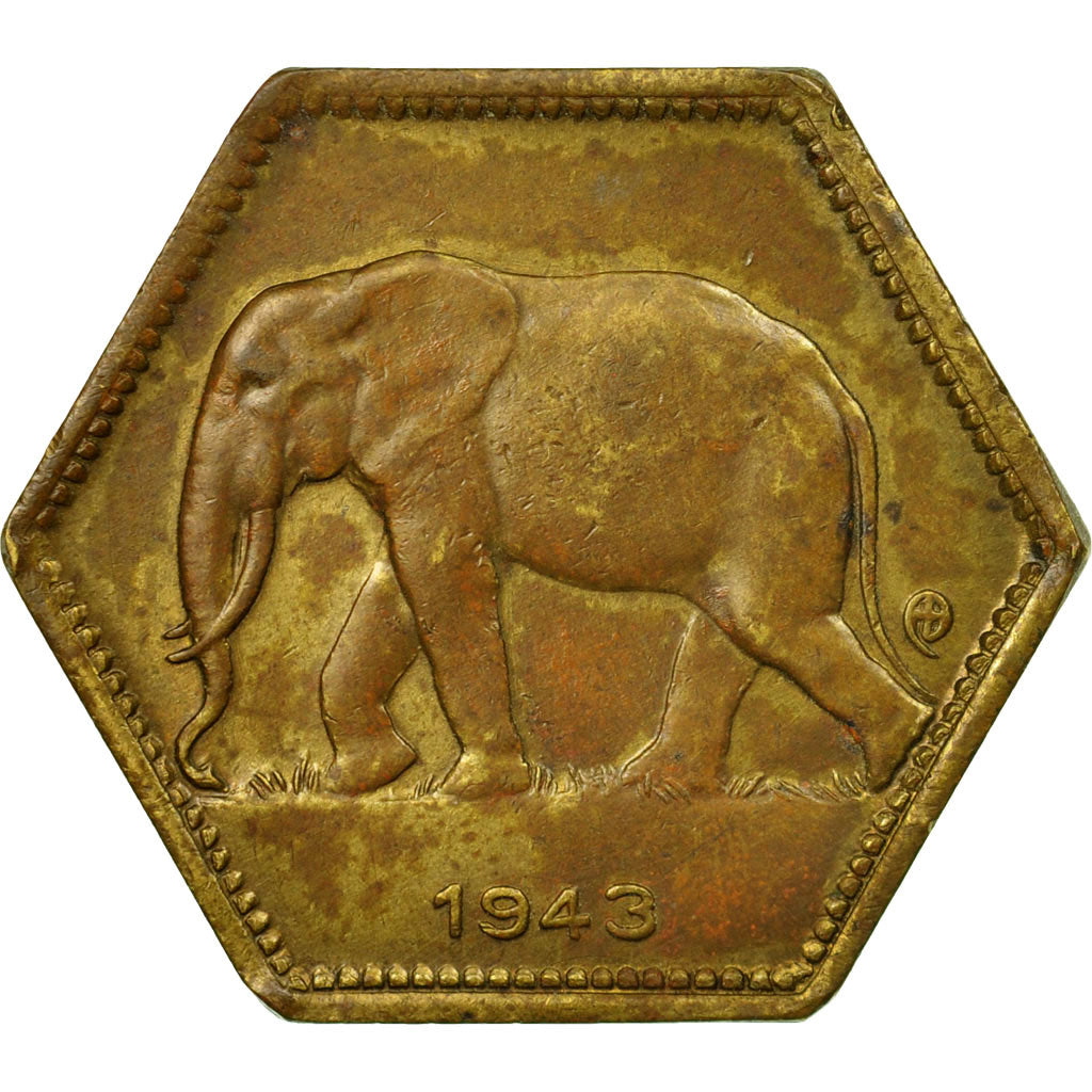Coin, Belgian Congo, 2 Francs, 1943, Philadelphia, EF(40-45), Brass, KM:25