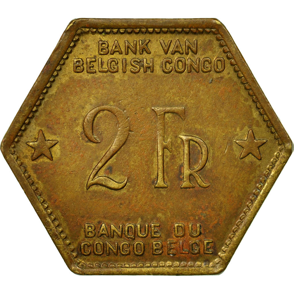 Coin, Belgian Congo, 2 Francs, 1943, Philadelphia, EF(40-45), Brass, KM:25