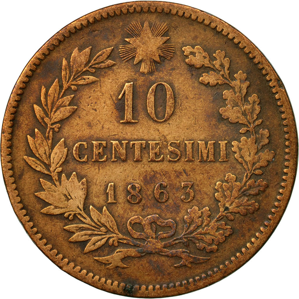 Coin, Italy, Vittorio Emanuele II, 10 Centesimi, 1865, Milan, VF(20-25), Copper