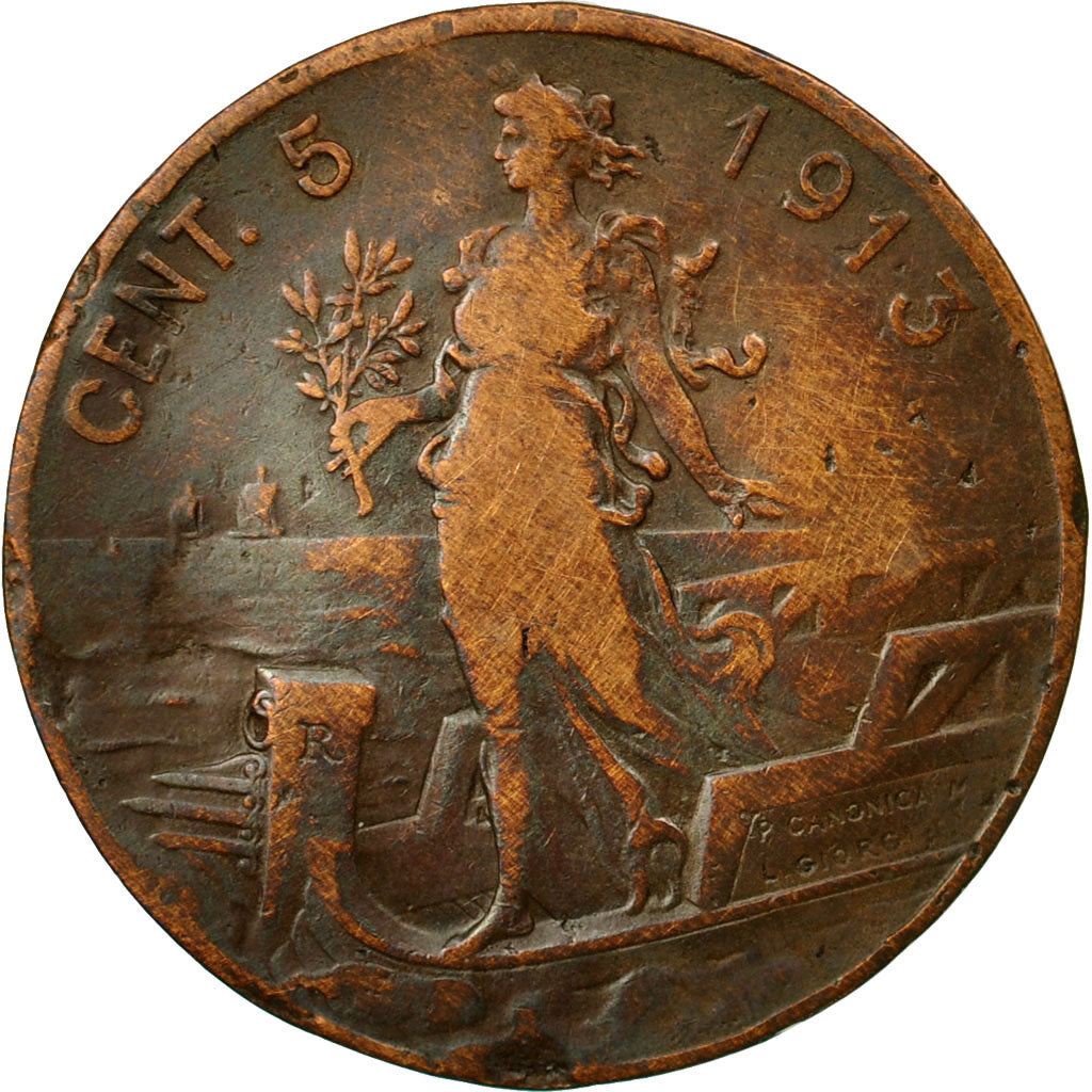 Coin, Italy, Vittorio Emanuele III, 5 Centesimi, 1913, Rome, VF(20-25), Bronze