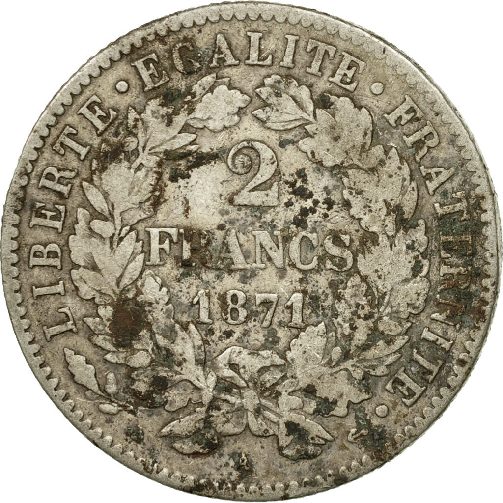 Coin, France, Cérès, 2 Francs, 1871, Paris, VG(8-10), Silver, KM:817.1, Le