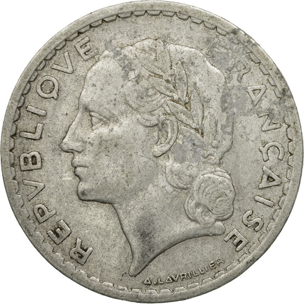 Moneda, Francia, Lavrillier, 5 Francs, 1949, Paris, BC+, Aluminio, KM:888b.1, Le