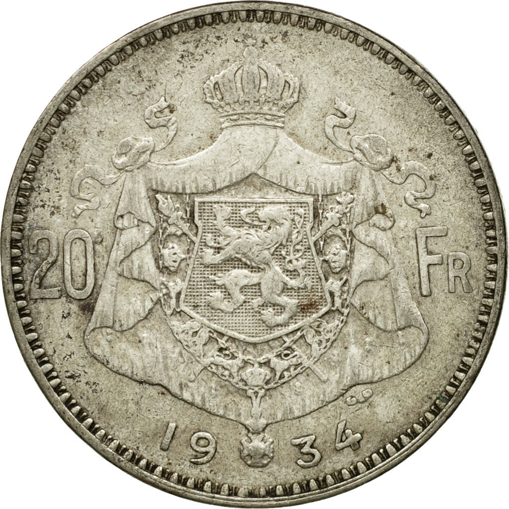 Coin, Belgium, 20 Francs, 20 Frank, 1934, VF(30-35), Silver, KM:103.1