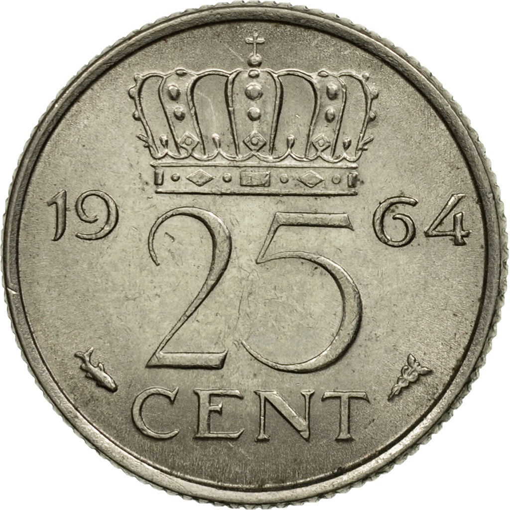Moneda, Países Bajos, Juliana, 25 Cents, 1964, MBC+, Níquel, KM:183