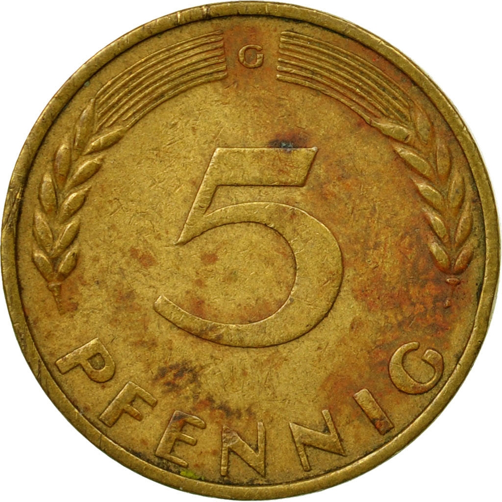 Moneda, ALEMANIA - REPÚBLICA FEDERAL, 5 Pfennig, 1970, Karlsruhe, BC+, Latón