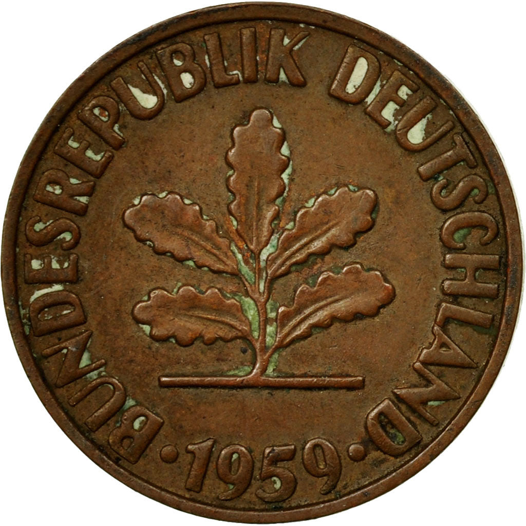Coin, GERMANY - FEDERAL REPUBLIC, 2 Pfennig, 1959, Stuttgart, F(12-15), Bronze