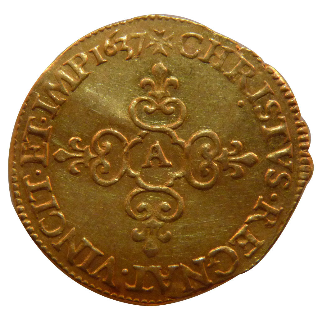 FRANCE, Écu d'or, Ecu d'or, 1637, Paris, AU(55-58), Gold, Gadoury #55, 3.40