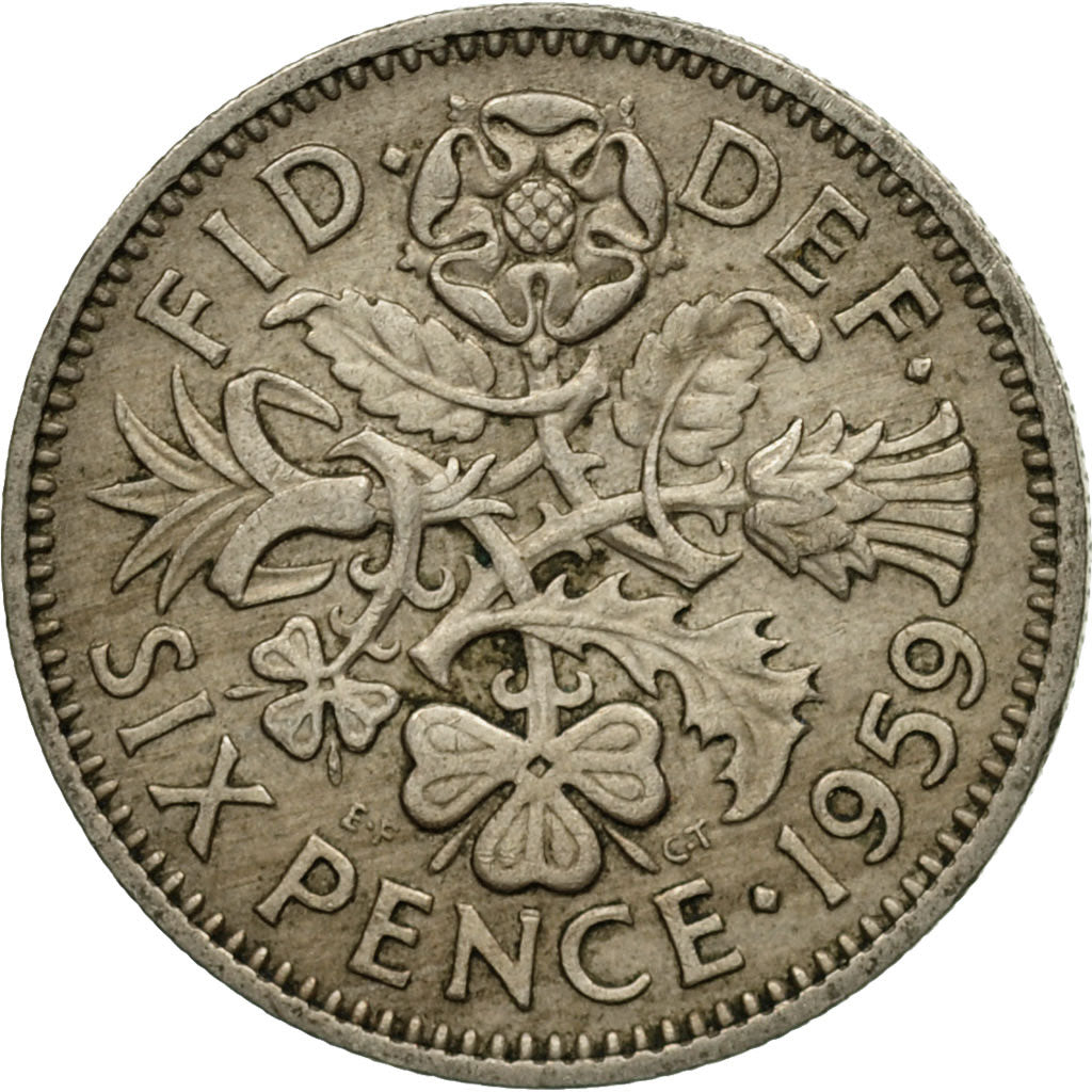 Coin, Great Britain, Elizabeth II, 6 Pence, 1959, EF(40-45), Copper-nickel