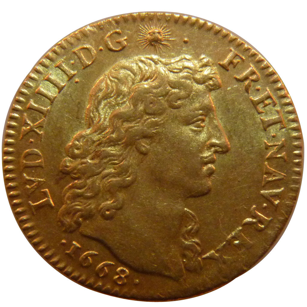 FRANCE, Louis d'or à la tête nue, Louis d'Or, 1668, Paris, AU(50-53), Gold, Gado