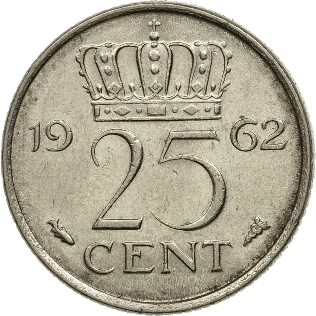 Moneda, Países Bajos, Juliana, 25 Cents, 1962, BC+, Níquel, KM:183