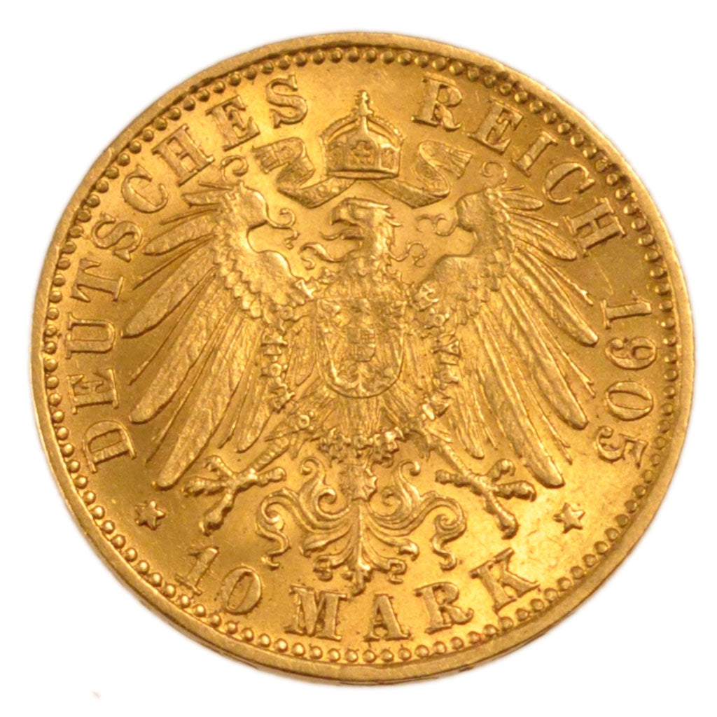 GERMAN STATES, 10 Mark, 1905, Freudenstadt, KM #633, AU(55-58), Gold, 4.00