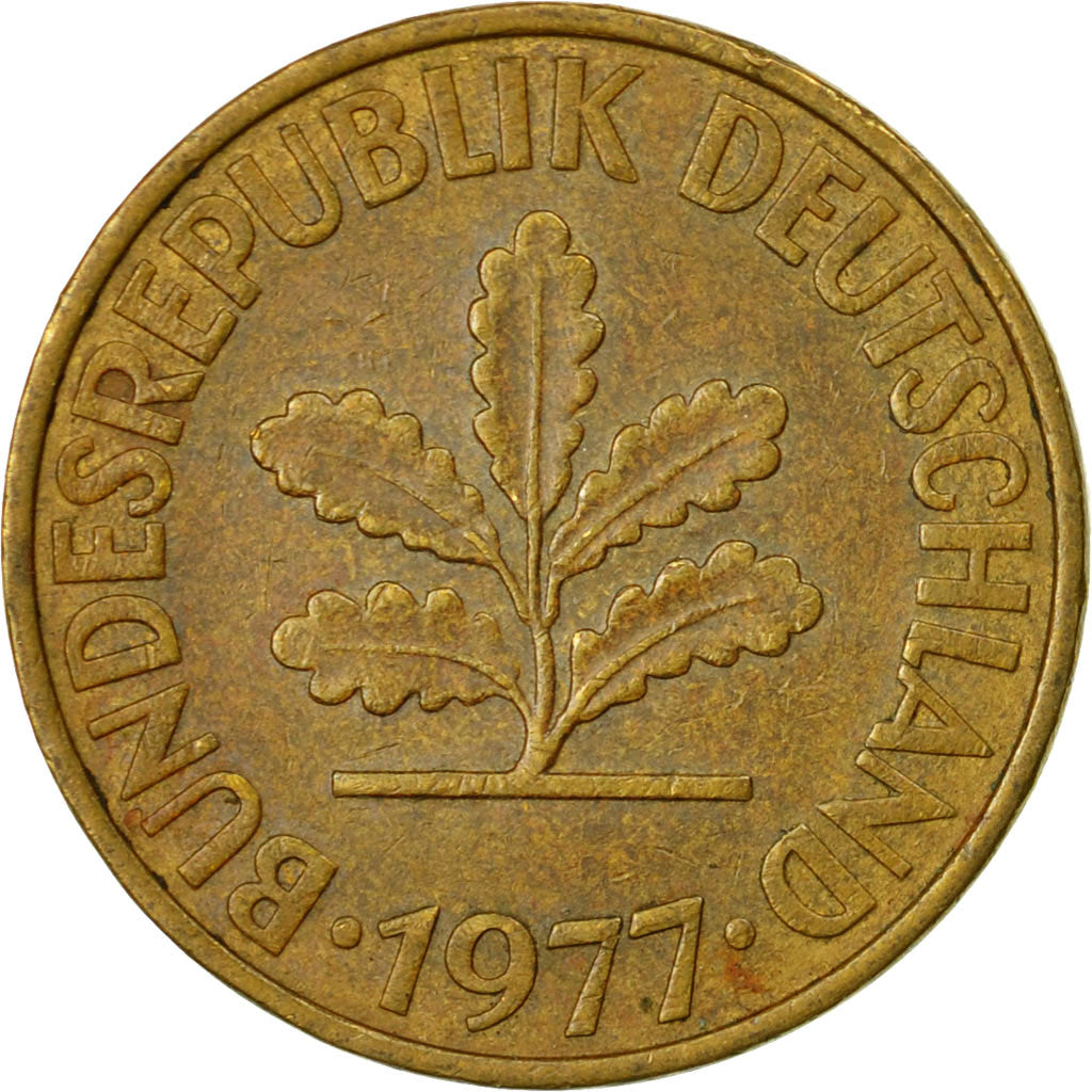 Moneta, Niemcy - RFN, 10 Pfennig, 1977, Munich, EF(40-45), Mosiądz powlekany