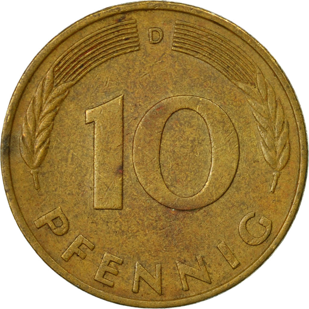 Moneta, Niemcy - RFN, 10 Pfennig, 1977, Munich, EF(40-45), Mosiądz powlekany