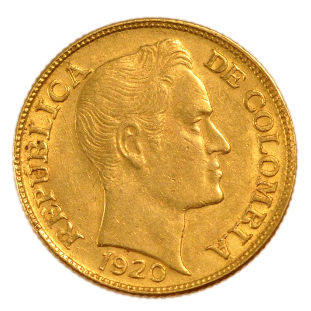 Colombia, 5 Pesos, 1920, KM #201.1, AU(55-58), Gold, 8.00