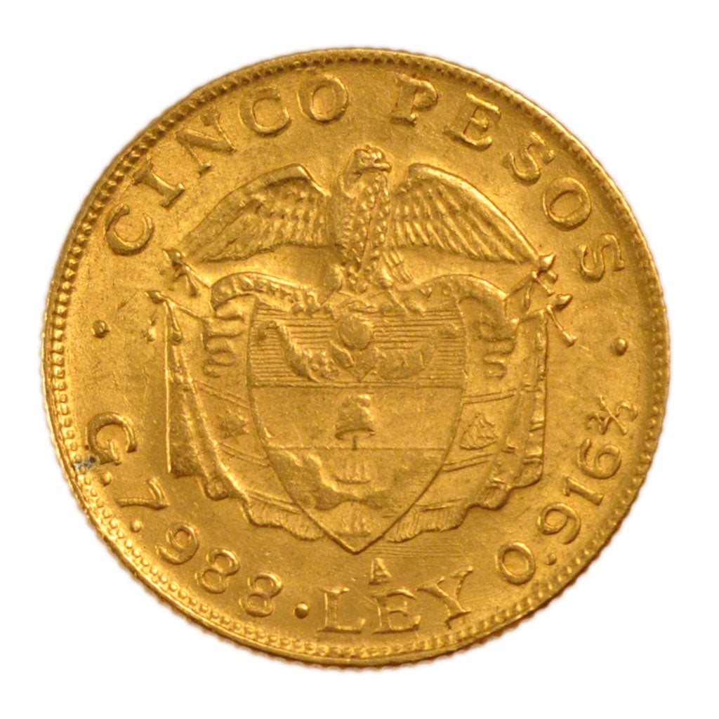 Colombia, 5 Pesos, 1920, KM #201.1, AU(55-58), Gold, 8.00