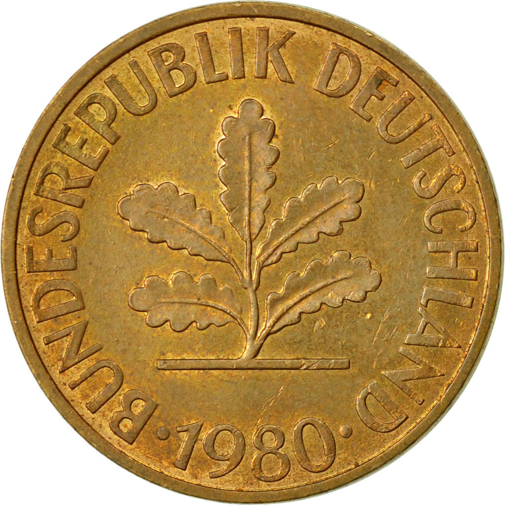 Moneta, Niemcy - RFN, 10 Pfennig, 1980, Hambourg, VF(30-35), Mosiądz powlekany