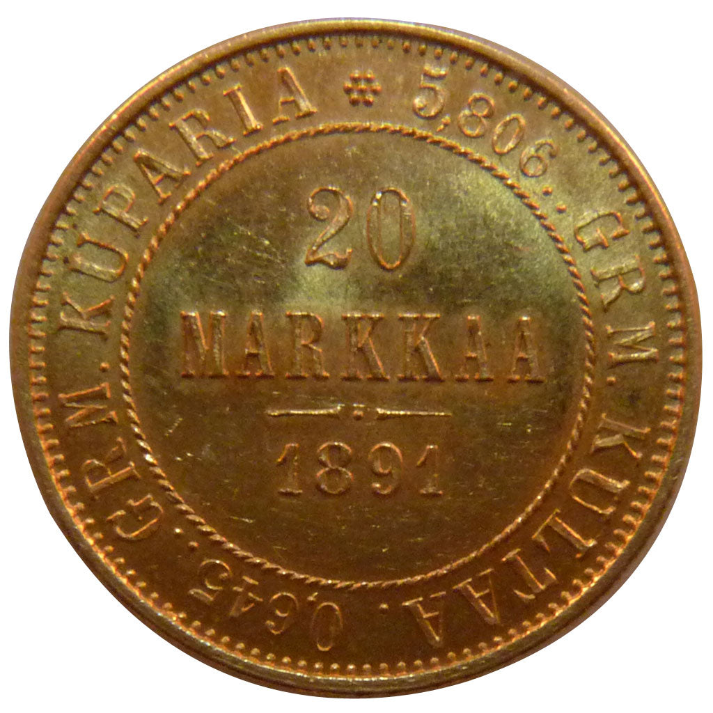 Finland, 20 Markaa, 1891, KM #9.2, AU(55-58), Gold, 21.3, 6.40