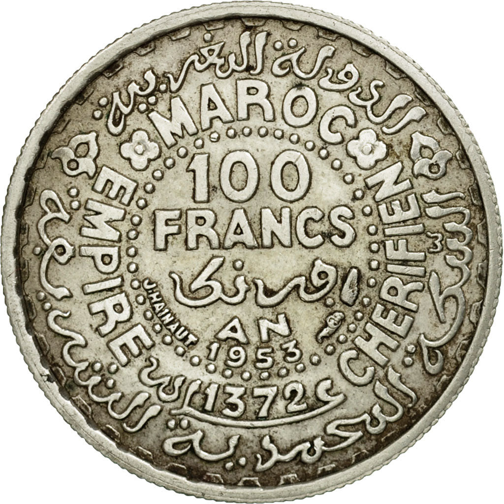 Coin, Morocco, Mohammed V, 100 Francs, 1953, Paris, EF(40-45), Silver, KM:52