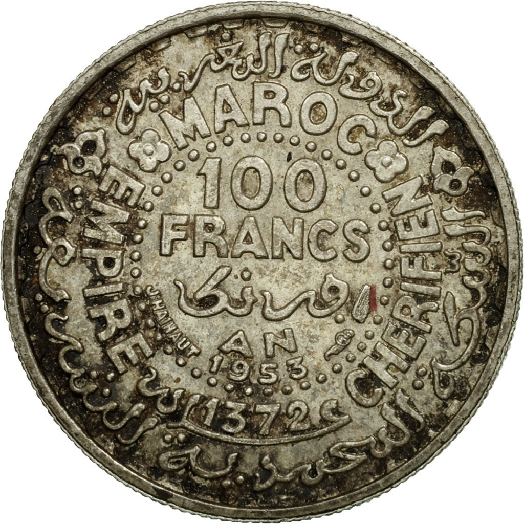 Coin, Morocco, Mohammed V, 100 Francs, 1953, Paris, VF(20-25), Silver, KM:52