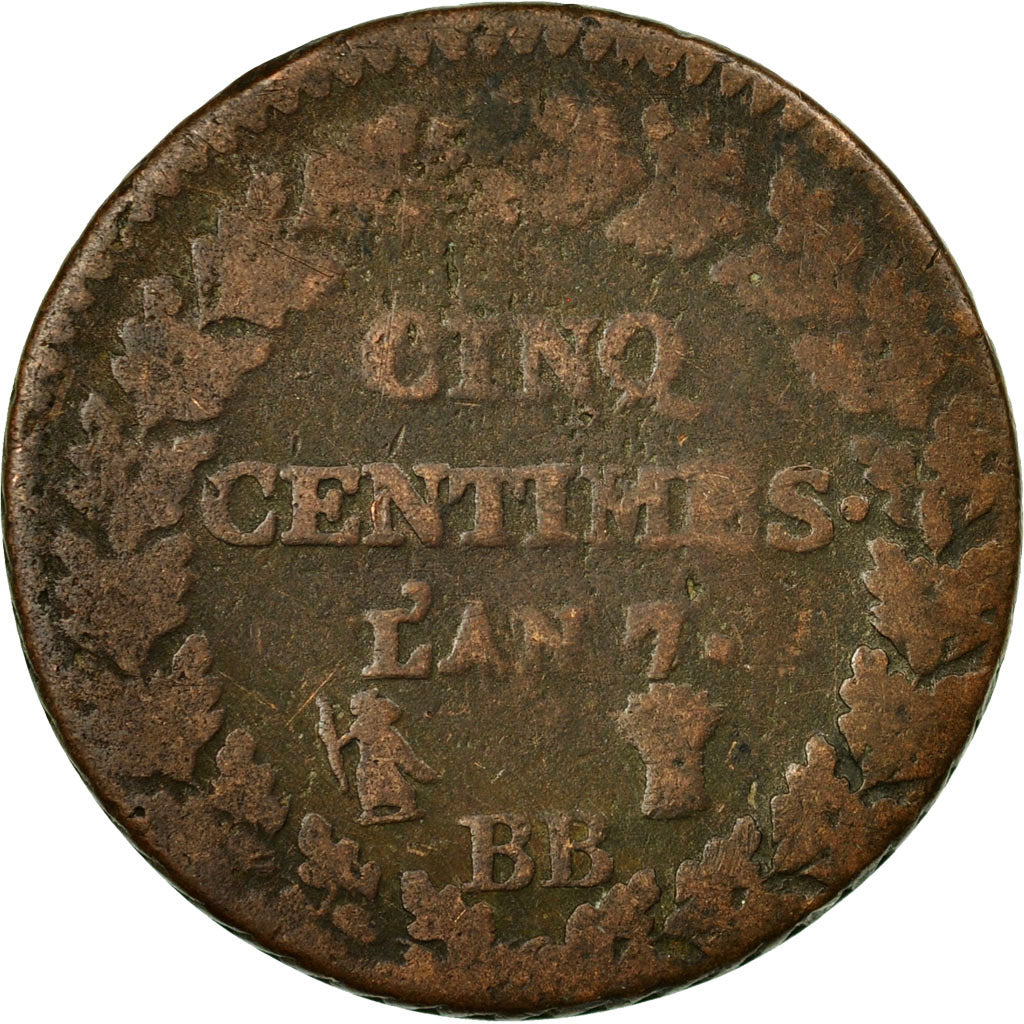 Moneta, Francja, Dupré, 5 Centimes, AN 7, Strasbourg, F(12-15), Bronze