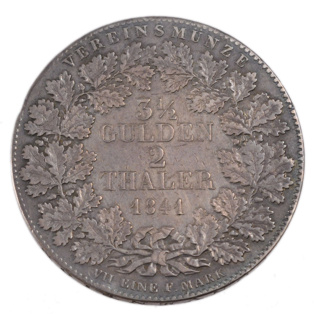 GERMAN STATES, 2 Thaler, 3-1/2 Gulden, 1841, KM #326, EF(40-45), Silver, 37.00