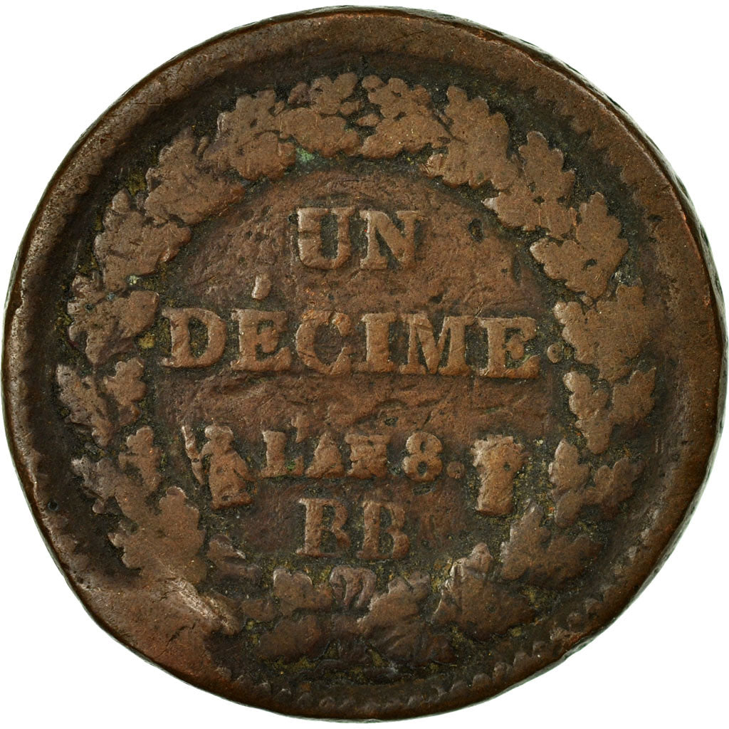Monnaie, France, Dupré, Decime, AN 8, Strasbourg, B+, Bronze, KM:644.4, Le