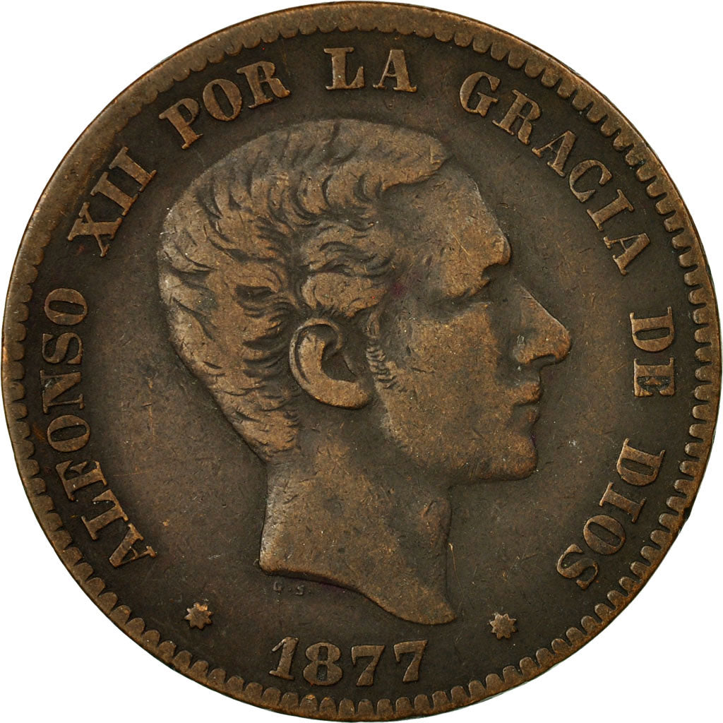 Monnaie, Espagne, Alfonso XII, 10 Centimos, 1877, Madrid, TTB, Bronze, KM:675
