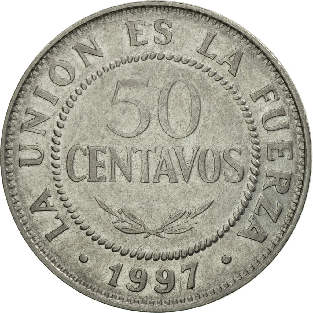 Coin, Bolivia, 50 Centavos, 1997, EF(40-45), Stainless Steel, KM:204
