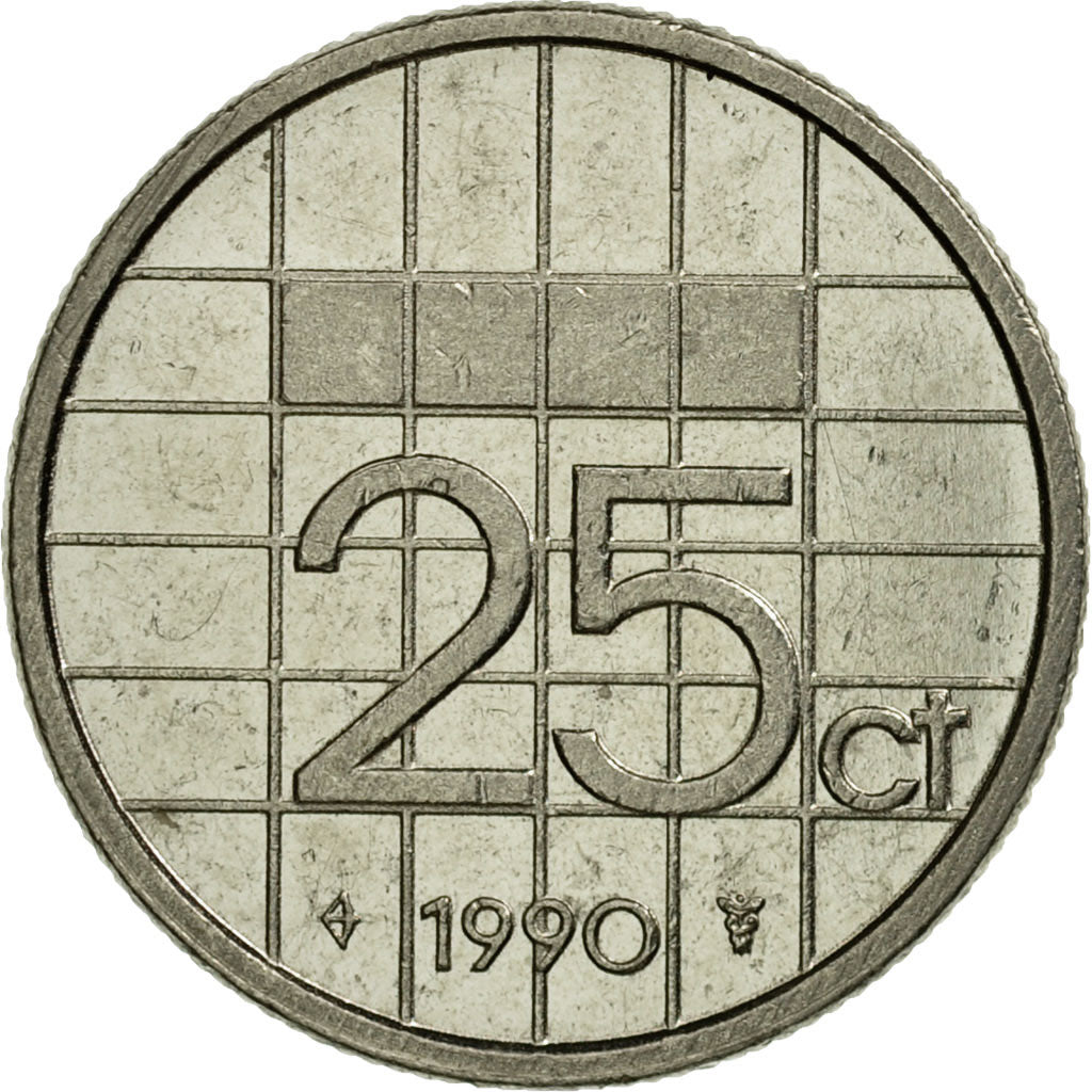 Coin, Netherlands, Beatrix, 25 Cents, 1990, EF(40-45), Nickel, KM:204