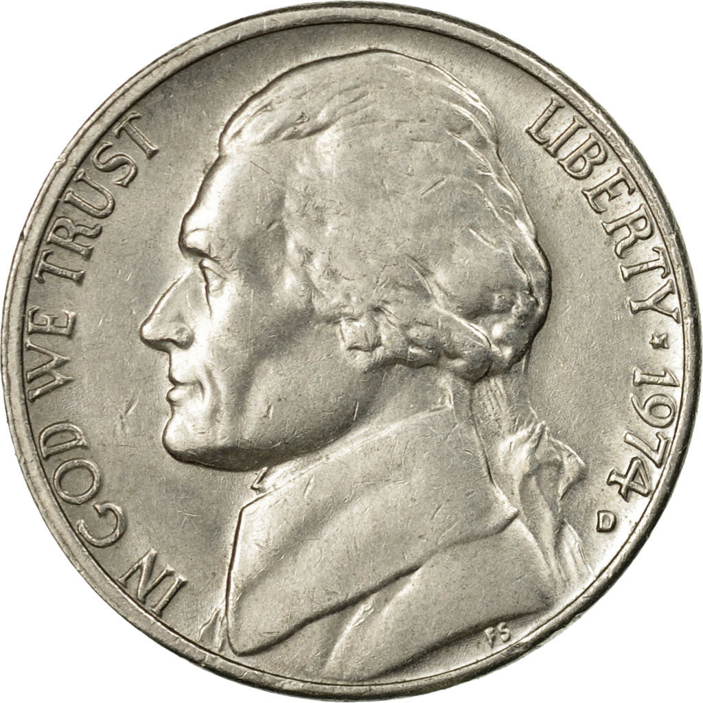 Coin, United States, Jefferson Nickel, 5 Cents, 1974, U.S. Mint, Denver