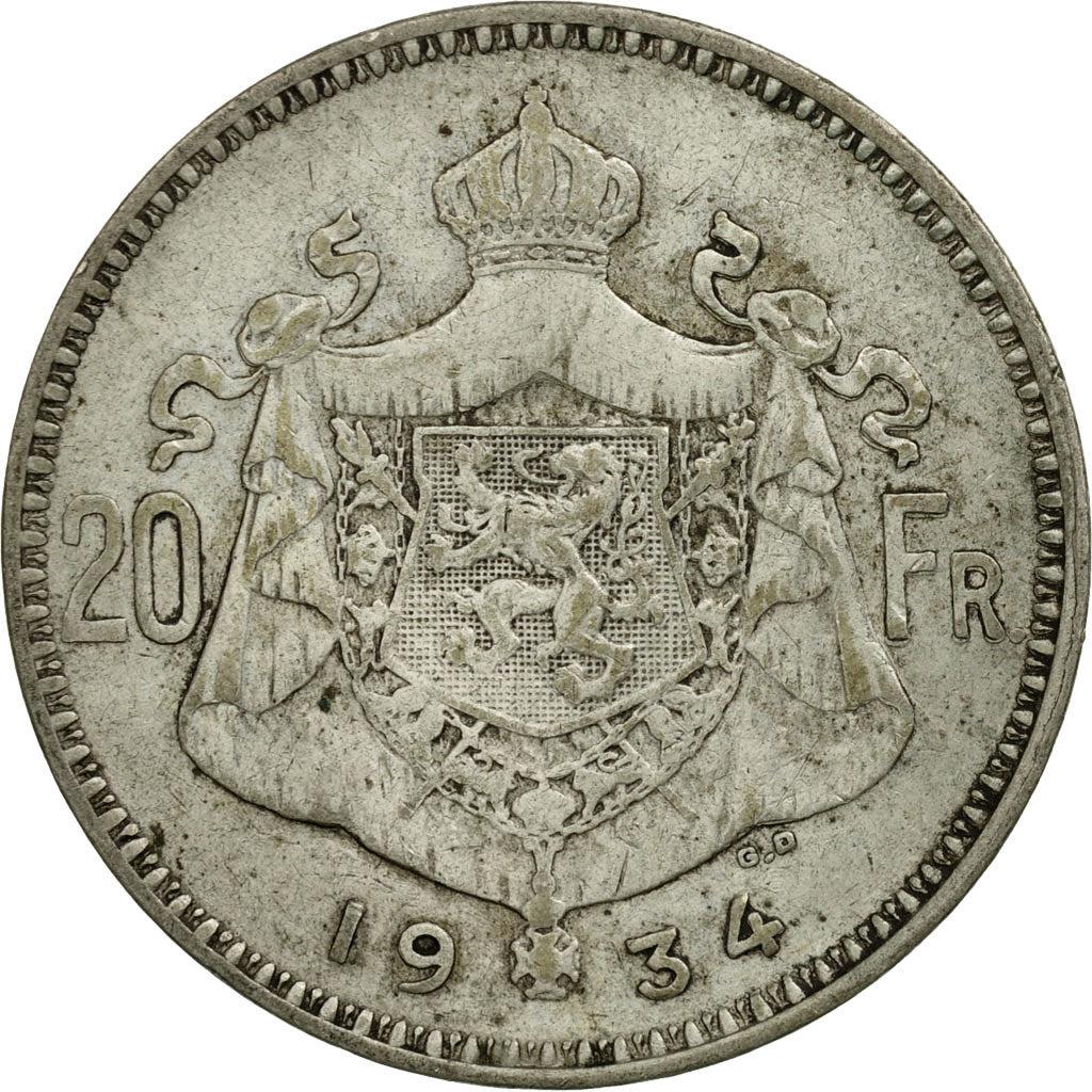 Coin, Belgium, 20 Francs, 20 Frank, 1934, VF(30-35), Silver, KM:104.1