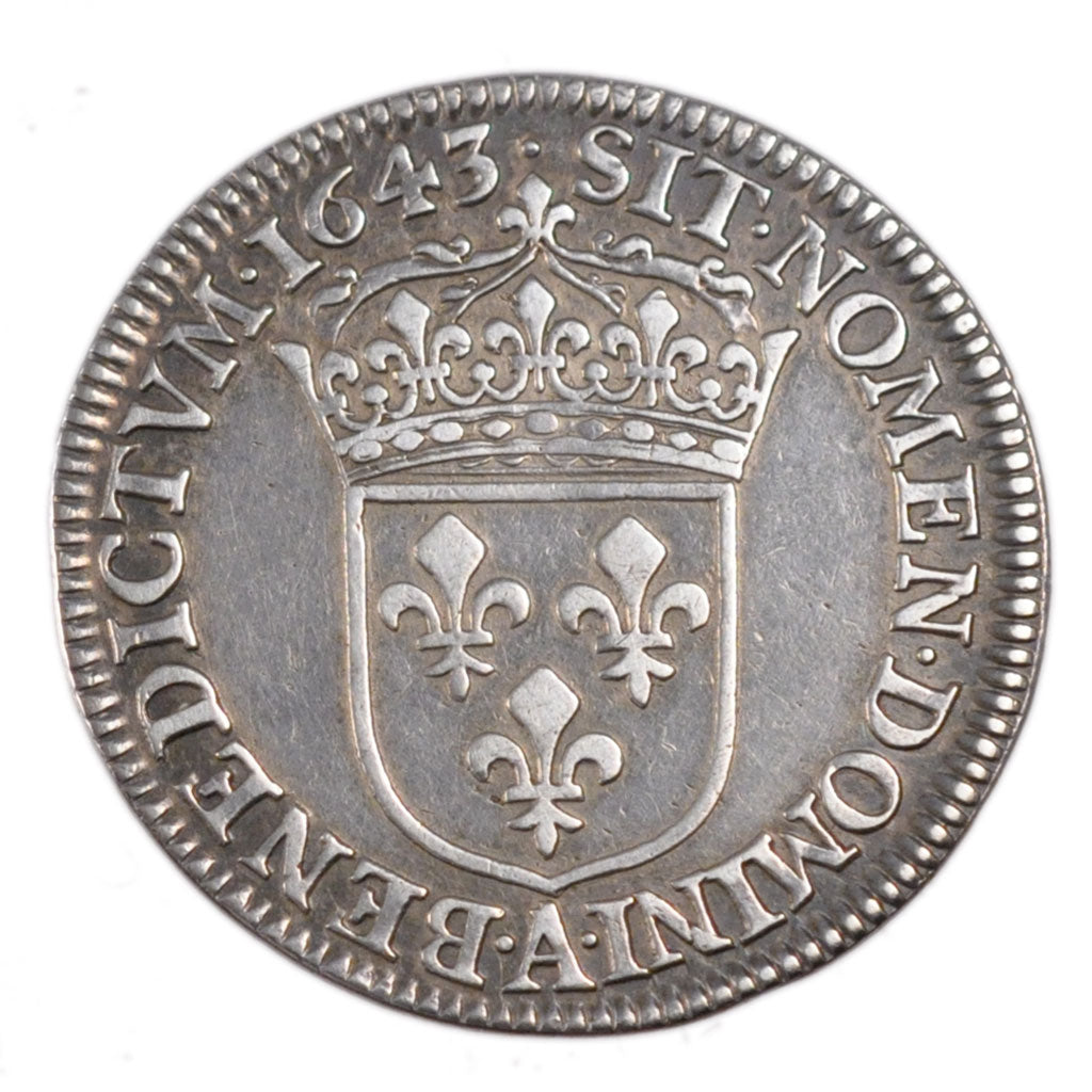 FRANCE, ¼ Ecu, 1643, Paris, EF(40-45), Silver, Gadoury #48, 6.70