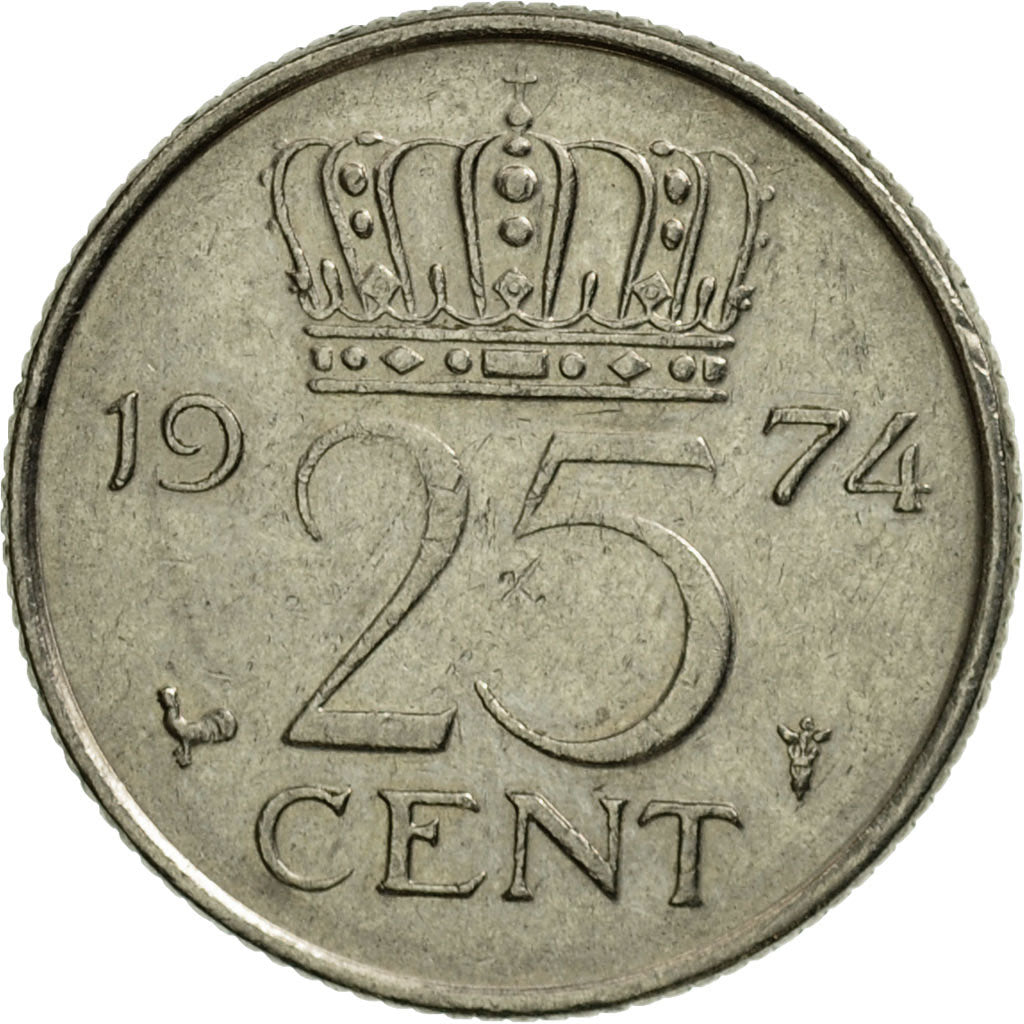 Coin, Netherlands, Juliana, 25 Cents, 1974, EF(40-45), Nickel, KM:183