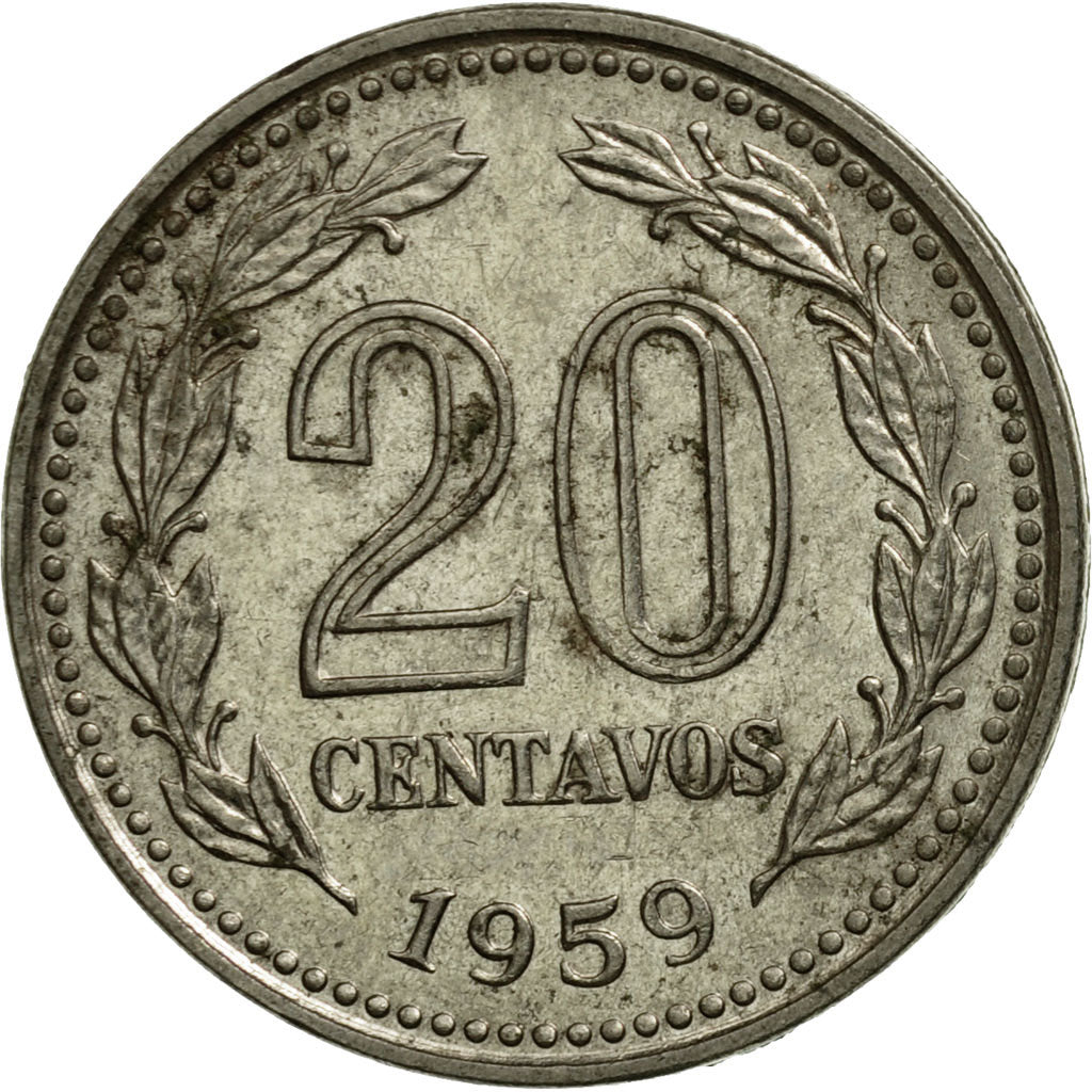 Moneda, Argentina, 20 Centavos, 1959, BC+, Níquel recubierto de acero, KM:55