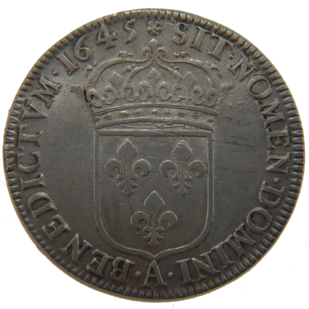 FRANCE, 1/2 Ecu, 1645, Paris, AU(50-53), Silver, Gadoury #168, 13.70