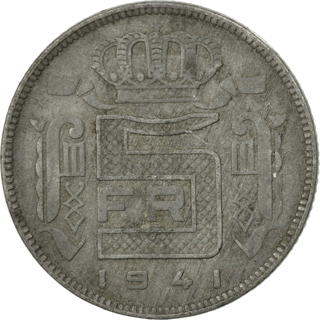 Moneta, Belgio, 5 Francs, 5 Frank, 1941, BB, Zinco, KM:129.1