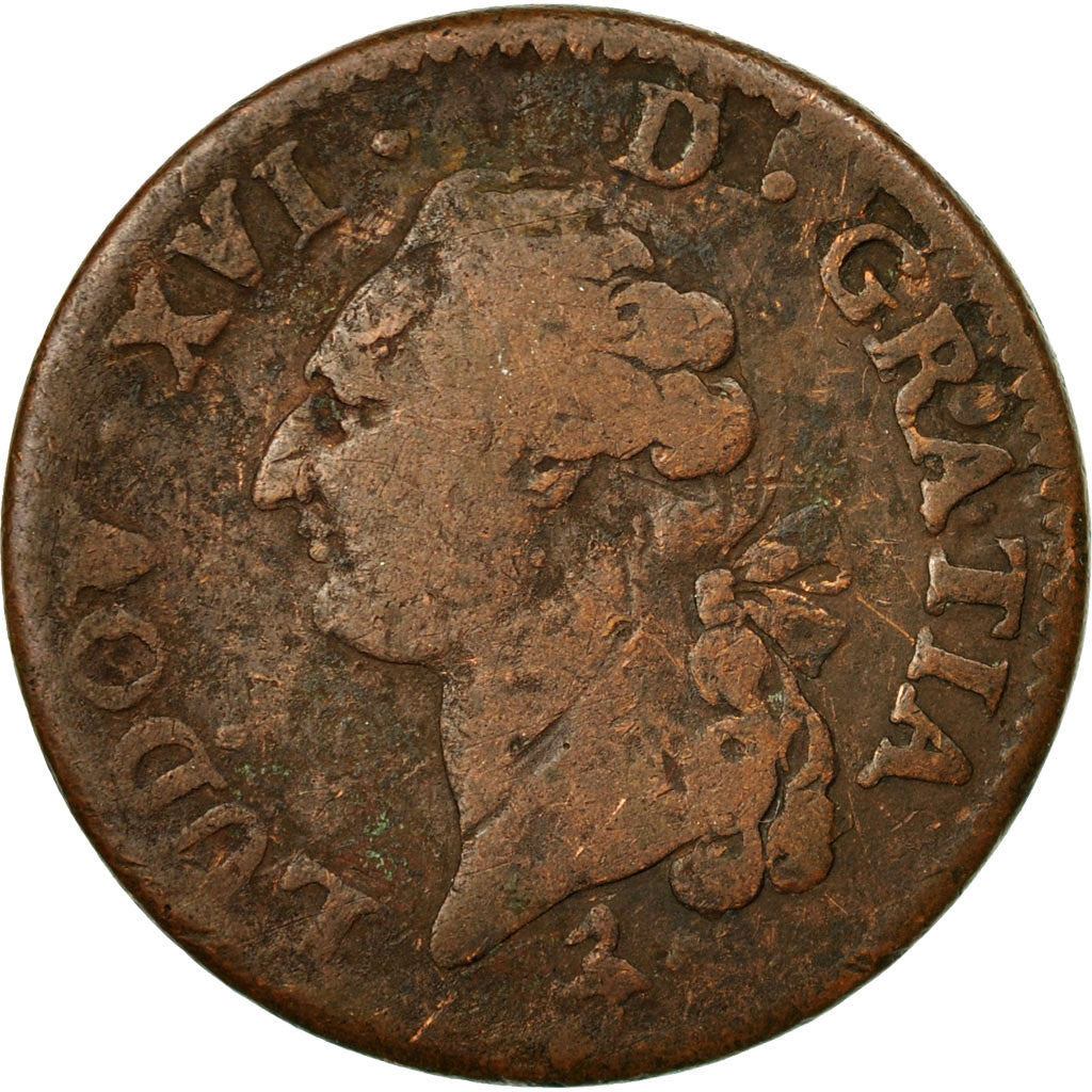 Moneta, Francja, Louis XVI, Sol ou sou, Sol, 1791, Paris, F(12-15), Miedź