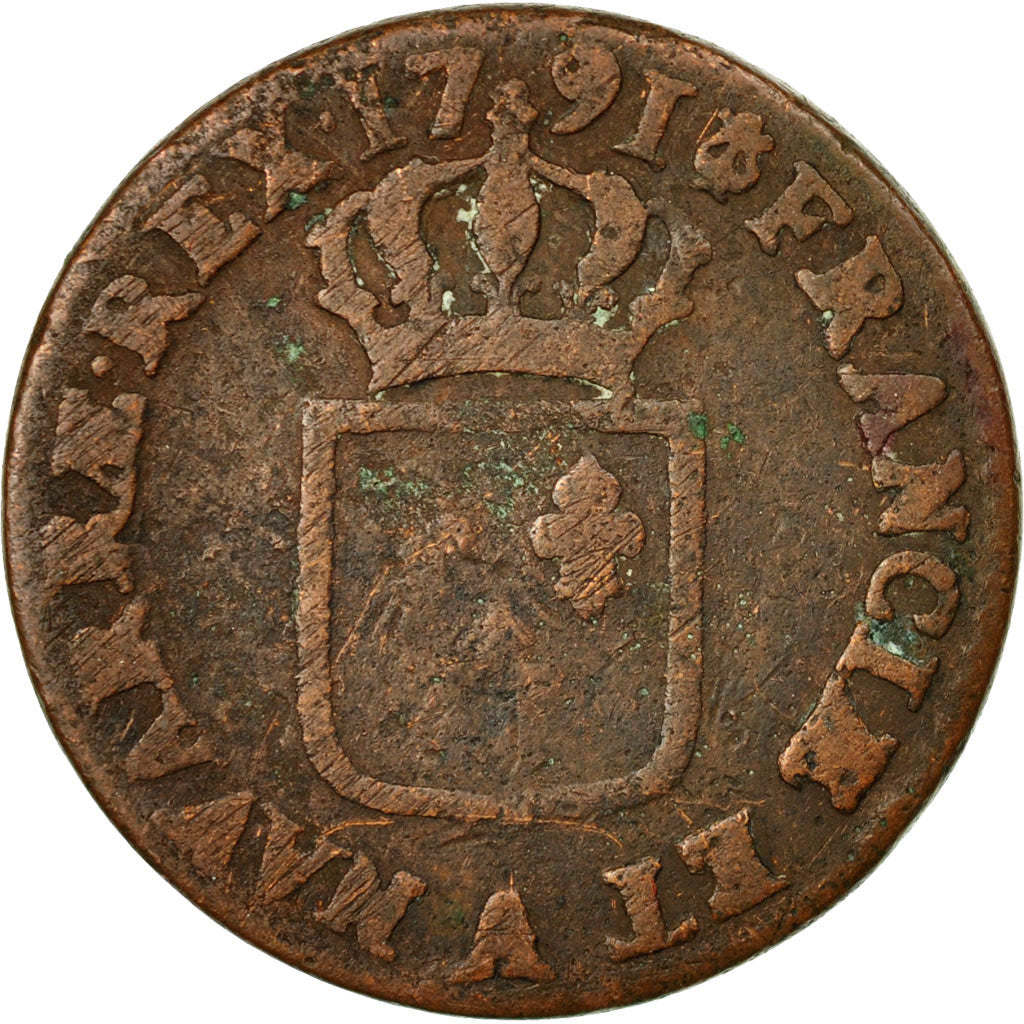 Moneta, Francja, Louis XVI, Sol ou sou, Sol, 1791, Paris, F(12-15), Miedź