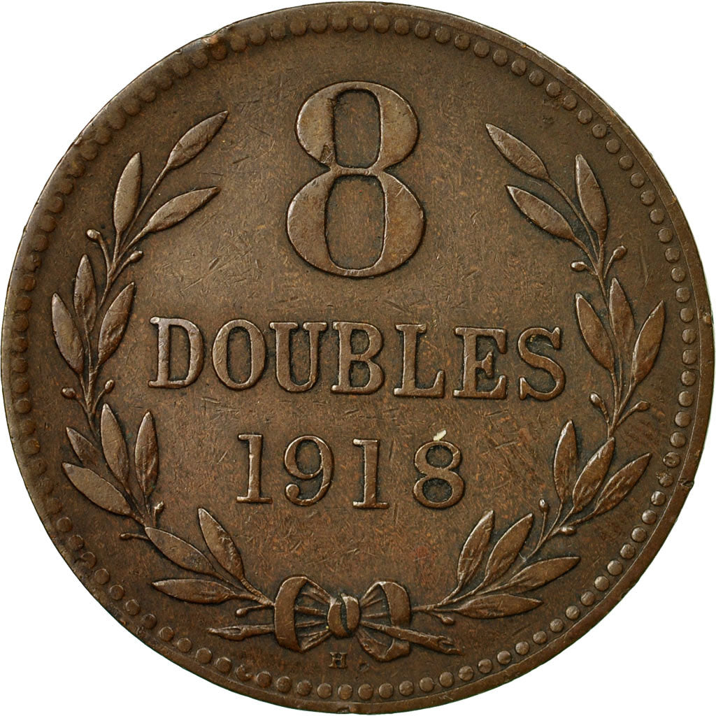 Coin, Guernsey, 8 Doubles, 1918, Heaton, Birmingham, AU(55-58), Bronze, KM:14